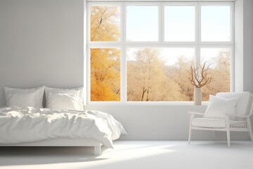 White stylish minimalist bedroom with armchair and autumn landscape in window. Scandinavian interior design. generative ai.