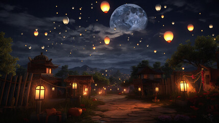 Serene Day of the Dead Scene in Rural Mexican Village Children Releasing Lanterns to Guide Departed