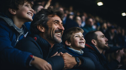French father and son in stands, filled with enthusiastic supporters of rugby or football team wearing blue clothes to support national sports team