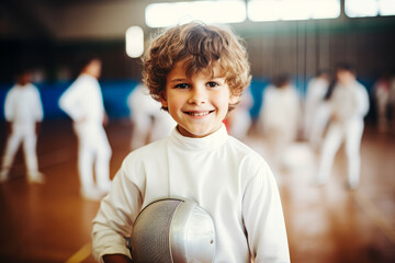 Happy European boy at fencing training lesson looking at camera