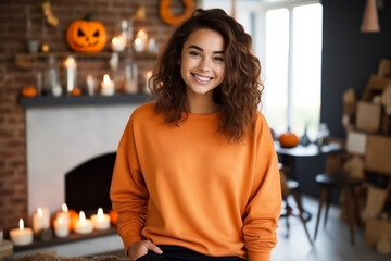 Pretty smiling model dressed with an orange mock-up sweatshirt , oversized sweater Mockup in feminine halloween decorated room