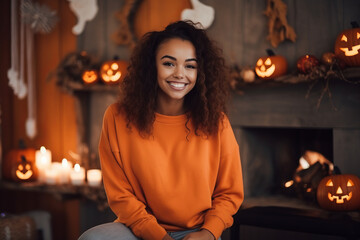 Pretty smiling model dressed with an orange mock-up sweatshirt , oversized sweater Mockup in feminine halloween decorated room