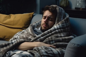 Sick young man covered with blanket, lying on sofa due to illness, flu or winter cold concept