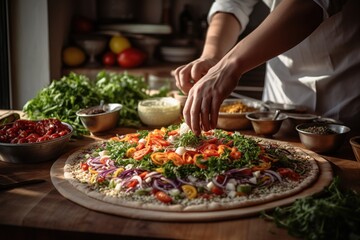 Pizza chef putting fresh basil on a pizza