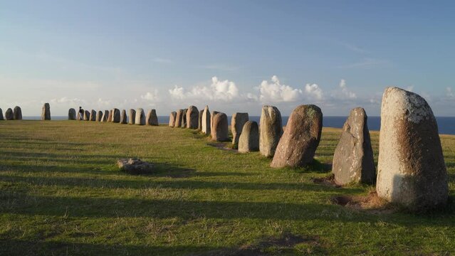 Ales Stenar Historical Site Near Kaseberga Village on the Grass fields of Southern Sweden Skane County.