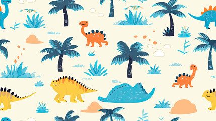 Fototapeta na wymiar seamless pattern with palm trees and dinosaurs