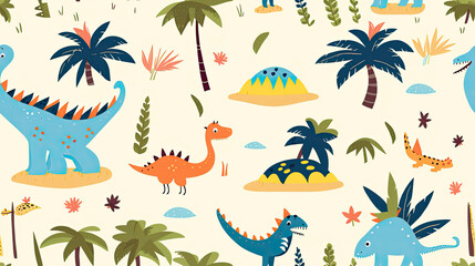 Fototapeta na wymiar seamless pattern with palm trees and dinosaurs