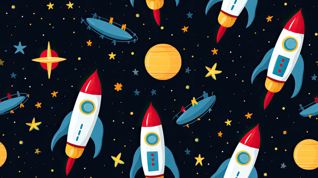 Seamless pattern with rocket in the night