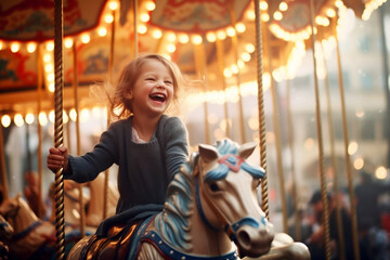 Happy young girl having fun on a carousel at an amusement park - obrazy, fototapety, plakaty