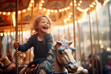 Cercles muraux Parc dattractions Happy young girl having fun on a carousel at an amusement park