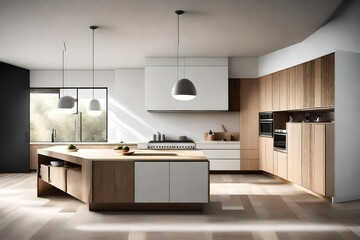 A minimalist kitchen with clean lines, open spaces, and essential elements, exuding simplicity and functionality.