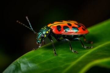 Fototapeta premium A vibrant bug perched on a lush green leaf
