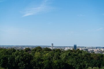 Krakow panorama from Krakus Mound, Kopiec Kraka, Krakusa or Krak Mound in Kraków, Poland. Scenic landscape view of historic Cracow city. - obrazy, fototapety, plakaty