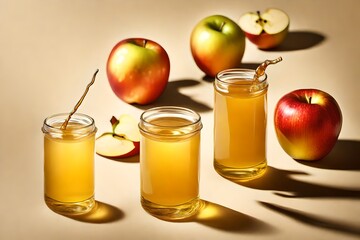 Compose a visual ode to the simplicity of apple juice, emphasizing its golden clarity and the crisp beauty of orchard-fresh apples.