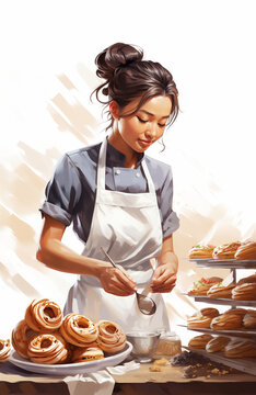 Pastry chef mixed race woman preparing and decorating eclairs.
