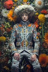 Fototapeta na wymiar Young boy with curly hair dressed in baroque suit, background of flowers
