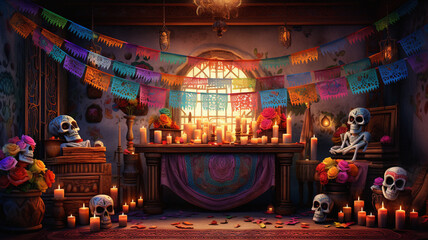 Obraz na płótnie Canvas Enchanting Dia de los Muertos Altar in a Dimly Lit Setting