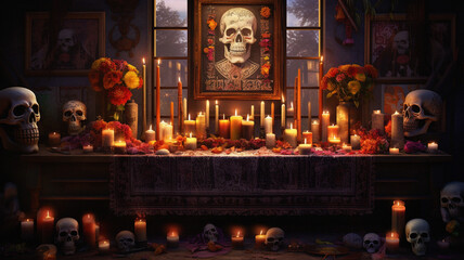 Obraz na płótnie Canvas Enchanting Dia de los Muertos Altar in a Dimly Lit Setting