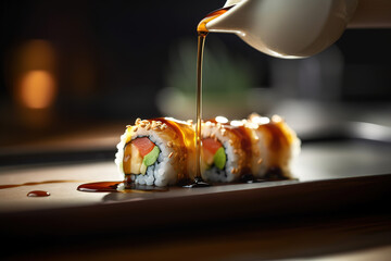 An asian sushi roll dipped into soy sauce - Powered by Adobe