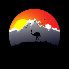 vector Landscape with silhouette of a lone ostrich walking under the mountain, flock of birds, clouds and sunset light