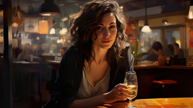 Fondo de una chica en un bar. Concepto de tiempo libre, viajes. Generado por IA.