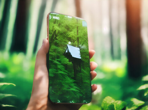 A phone screen with a green picture that shows love for the environment. Hand aditing AI Generated