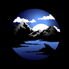 Fototapeta na wymiar vector Landscape with silhouettes of icebergs, sea, ice floes, clouds and moonlight at night
