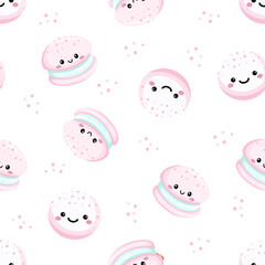 Seamless vector pattern. Cute white and pink Macaroon cakes . Vector illustration