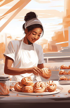 Pastry chef mixed race woman preparing and decorating cakes.