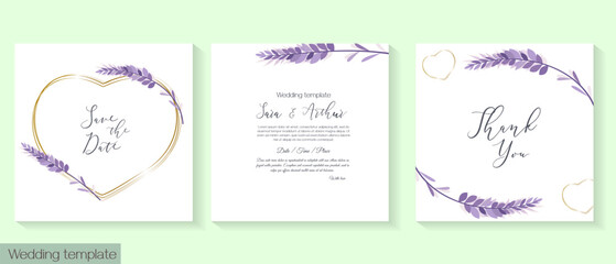Vector floral template for wedding invitation. Delicate lavender, golden frames. Vector illustration