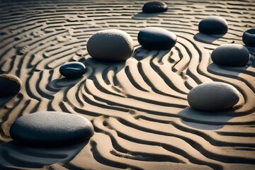 Fototapeta na wymiar A tranquil Zen garden with raked sand and balanced stones, fostering inner peace and reflection.