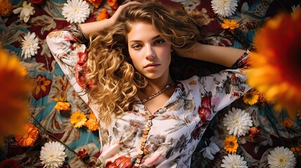 Model lying on a boho-patterned blanket, with flower petals scattered around her, looking directly into the camera