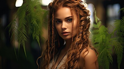 Model with a boho braided hairstyle, surrounded by hanging ferns, with a serene expression.