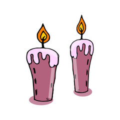 Cartoon purple burning candles. Design element for holidays birthday, halloween, diwali. Vector doodle illustration