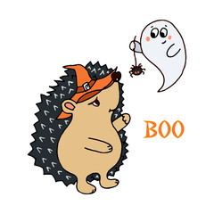 Funny cartoon characters hedgehog and ghost with spider. Vector halloween doodle illustration for cards, flyers, invitations, banners, web design