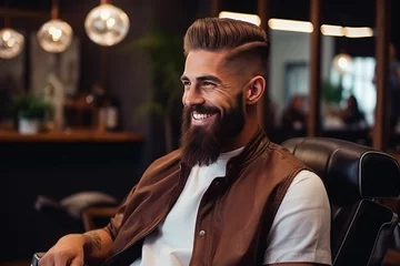 Gordijnen Handsome man in a armchair in a barbershop. New haircut. AI generative © tiena