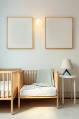 Nursery with a blank framed arts on a wall. AI generative