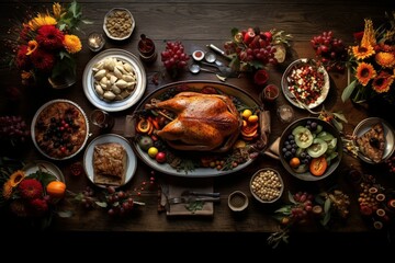 Thanksgiving table with a traditional food, top view. AI generated