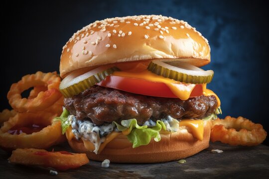Savory Photo of a Cheeseburger Delight Featuring a Thick and Juicy Beef Patty
