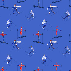 Watercolor seamless patern with skiers. Winter textile. Sport costume. Wrapping paper for ski resort souvenirs. Blue background
