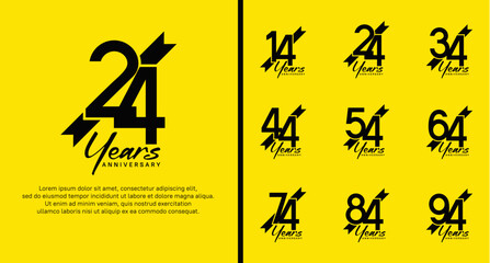 set of anniversary logo black color number and black ribbon on yellow background for celebration