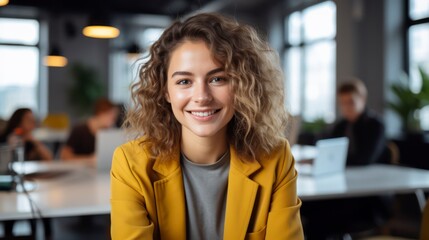 beautiful happy woman in yellow jacket