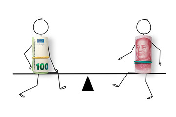 100 euros and 100 yuan banknotes on scales. Euro and yuan exchange rate. Economic war concept