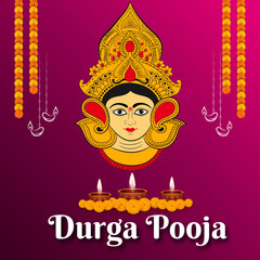 Vector illustration poster of Durga Puja on purple background with Durga mata face, diya and flower decoration. durga pooja, navratri puja, maa durga puja navratri, happy durga puja images
