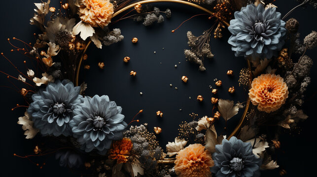 Elegant Floral Wreath Featuring Beautiful Botanical Flowers with Vibrant Colors and Golden Halo Ring - On Dark and Moody Background with Copy Space