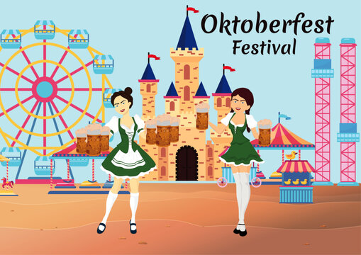 Vector illustration of Oktoberfest festival of Germany, girl holding beer glasses in hand with fun fair background. oktoberfest, oktoberfest beer, oktoberfest image
