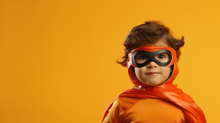 Happy young boy in superhero costume striking a victorious pose with a big smile.