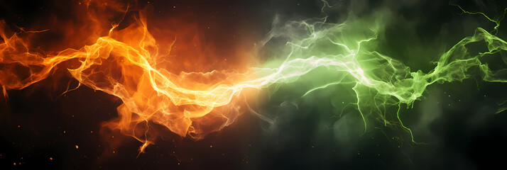 orange and green lightning hitting each other, colorful lightning, forcce of nature