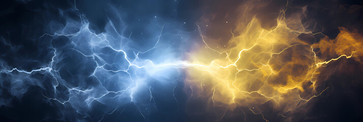 blue and yellow lightning hitting each other, colorful lightning, forcce of nature