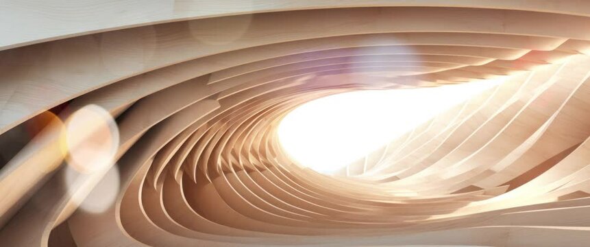 Anamorphic video abstract of wooden pattern, twisted shape, architecture details, Perspective of future building design, Parametric wall. 3D animation.